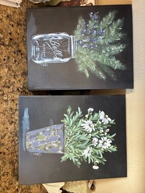 Kirkland Set of 2 Black Canvas Floral Mason Jar Wall Art Prints